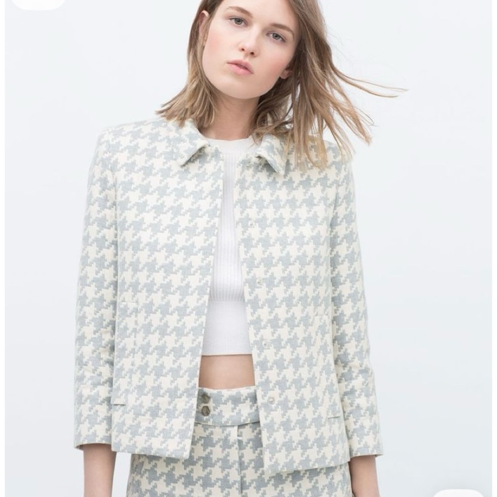 Zara Cream Baby Blue Houndstooth Crop Jacket Size Medium - Picture 1 of 12